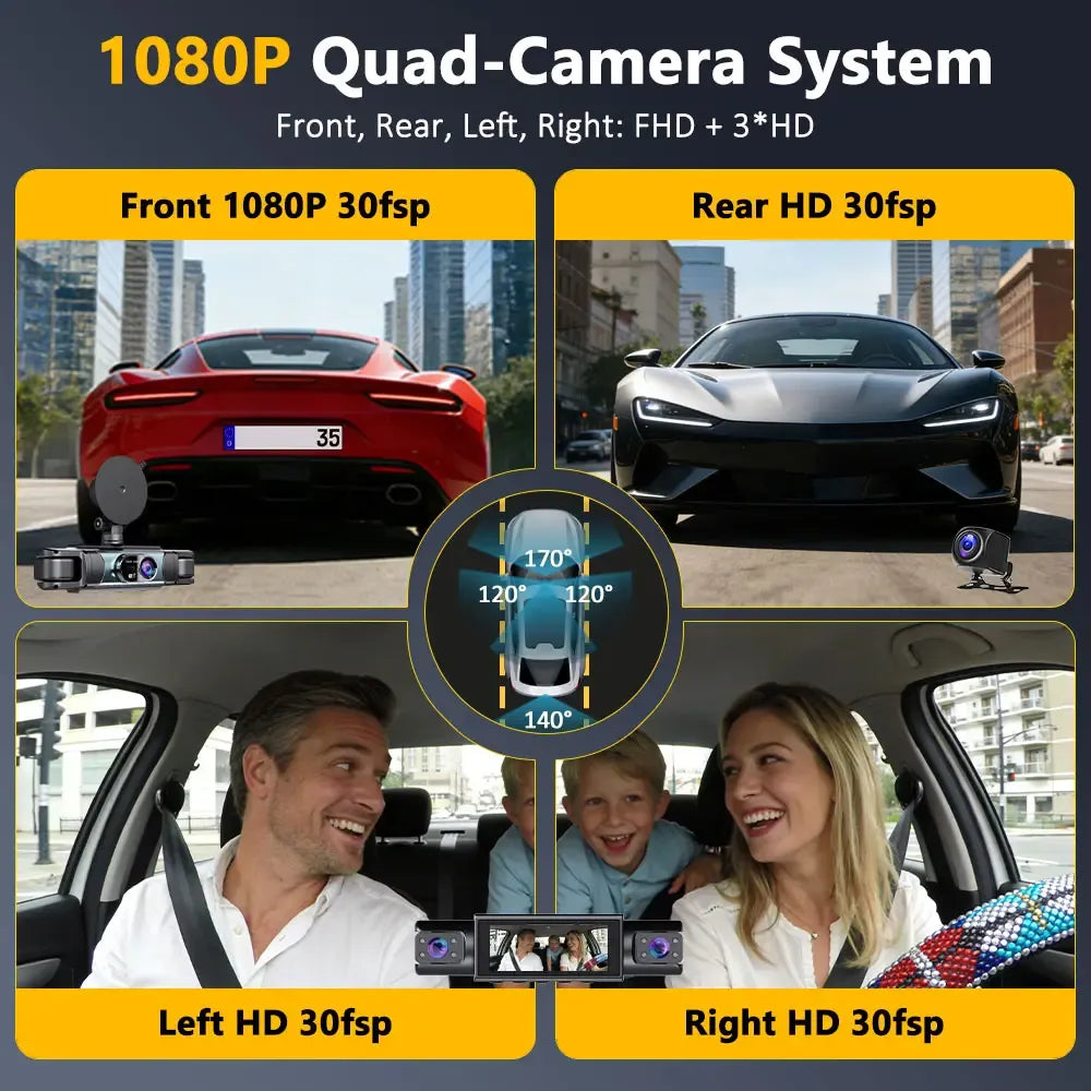 360° Surround View Dash Cam | 4-Channel 1080P FHD with WiFi & Reverse Assist