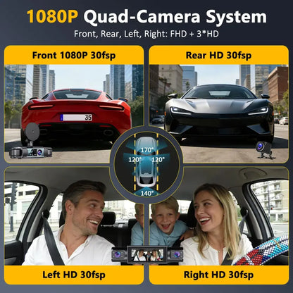 360° Surround View Dash Cam | 4-Channel 1080P FHD with WiFi & Reverse Assist