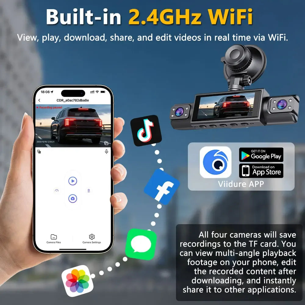 360° Surround View Dash Cam | 4-Channel 1080P FHD with WiFi & Reverse Assist