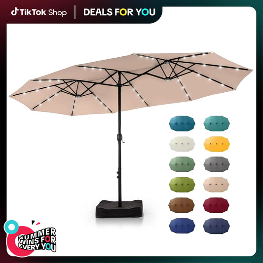 Large 15ft Double-Sided Patio Umbrella with Base, LED Light & Crank Handle