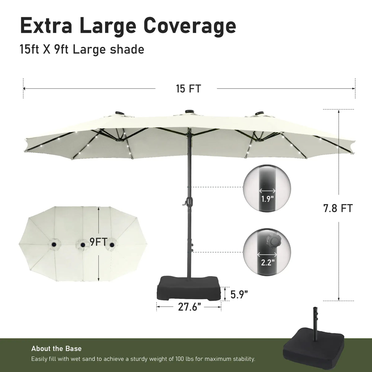 Large 15ft Double-Sided Patio Umbrella with Base, LED Light & Crank Handle