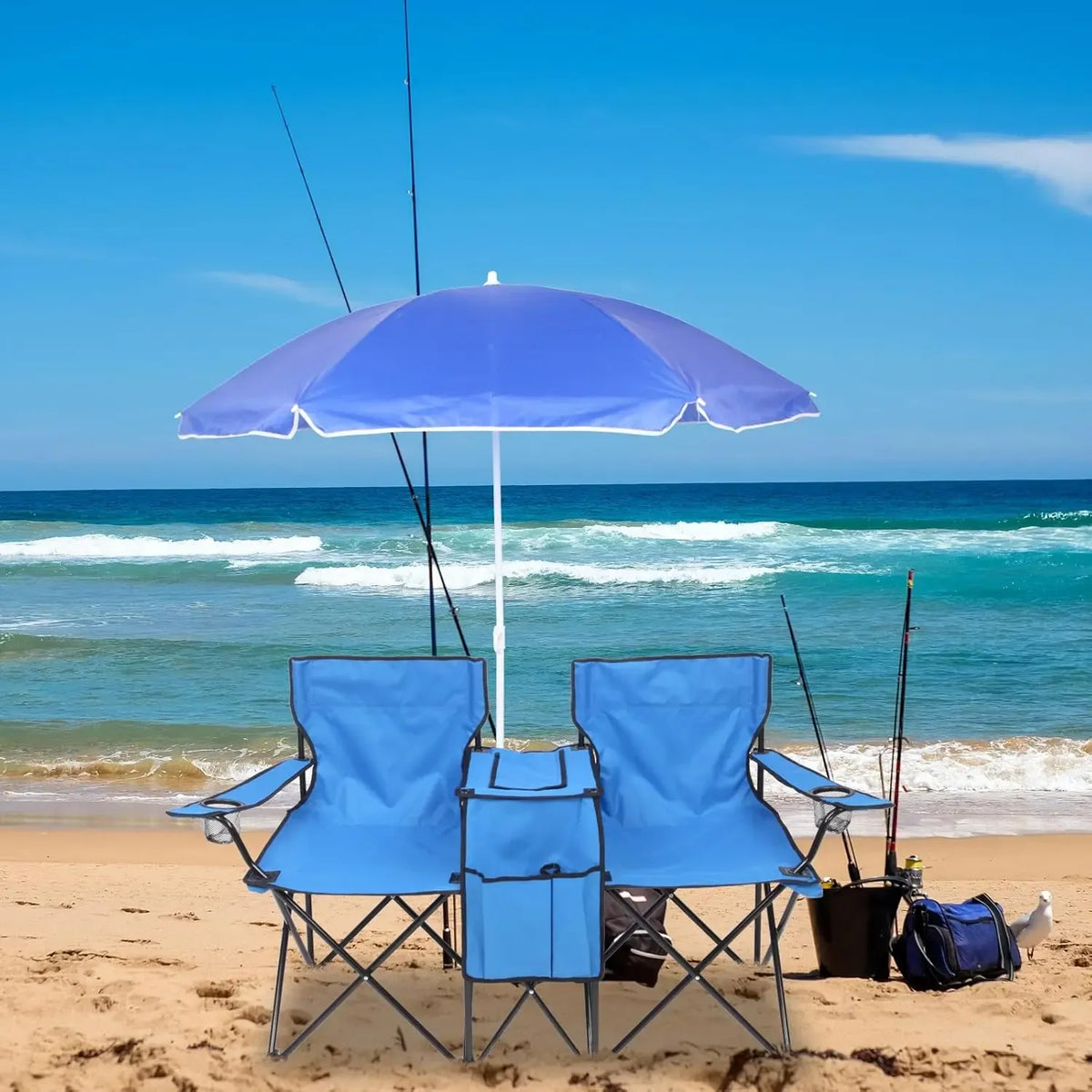 Summervibes Double Camp Chair with Umbrella, Cooler Table & Carrying Bag – Blue