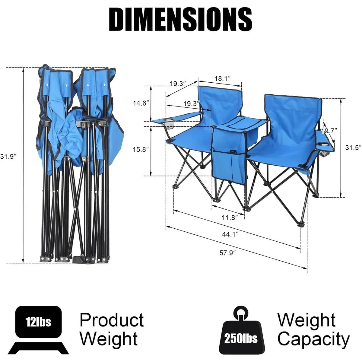 Summervibes Double Camp Chair with Umbrella, Cooler Table & Carrying Bag – Blue