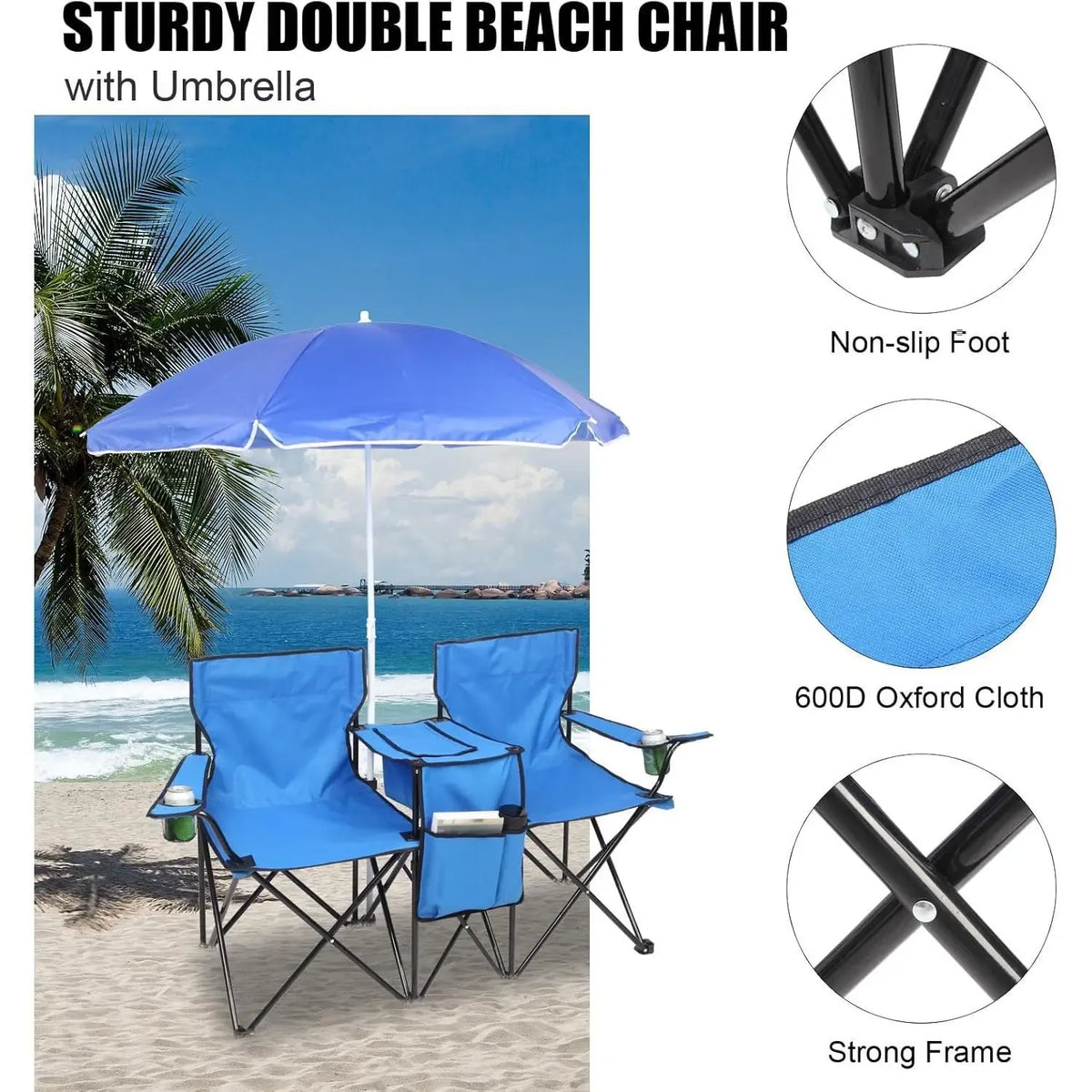 Summervibes Double Camp Chair with Umbrella, Cooler Table & Carrying Bag – Blue