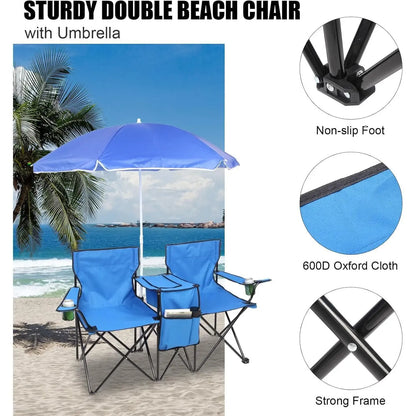 Summervibes Double Camp Chair with Umbrella, Cooler Table & Carrying Bag – Blue