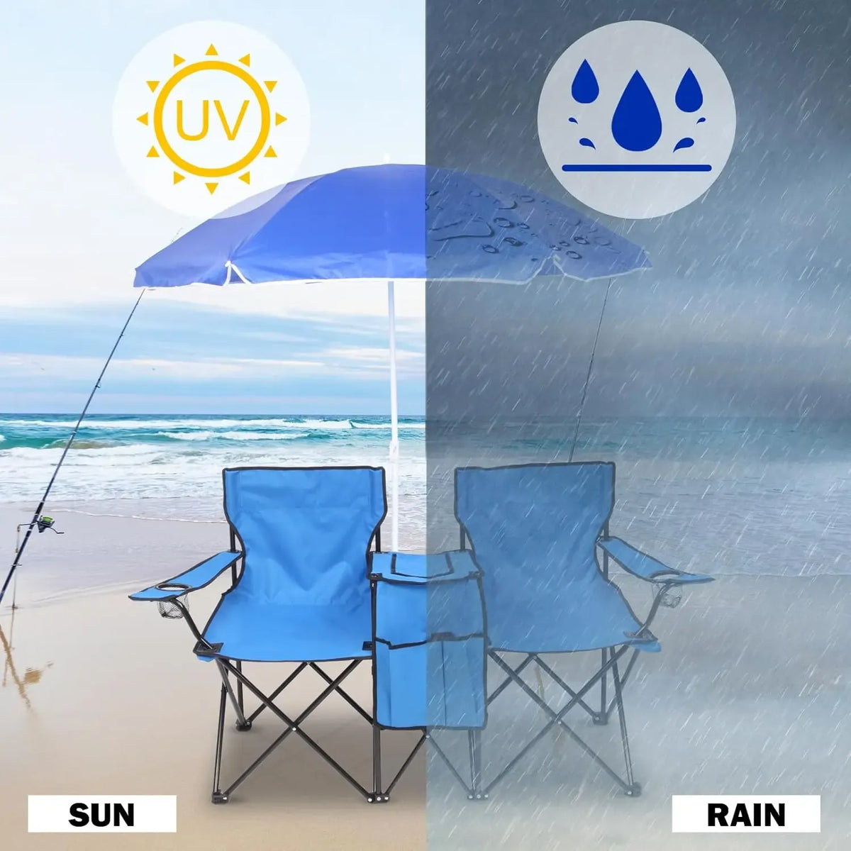 Summervibes Double Camp Chair with Umbrella, Cooler Table & Carrying Bag – Blue