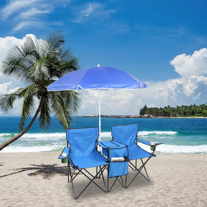 Summervibes Double Camp Chair with Umbrella, Cooler Table & Carrying Bag – Blue