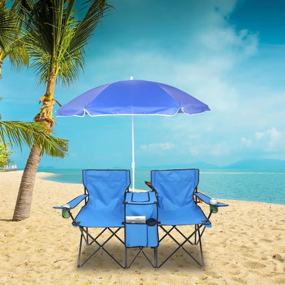 Summervibes Double Camp Chair with Umbrella, Cooler Table & Carrying Bag – Blue