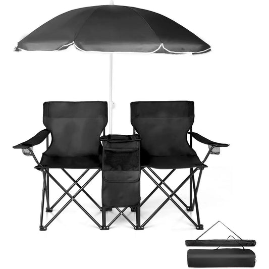 Summervibes Double Camp Chair with Umbrella, Cooler Table & Carrying Bag – Blue