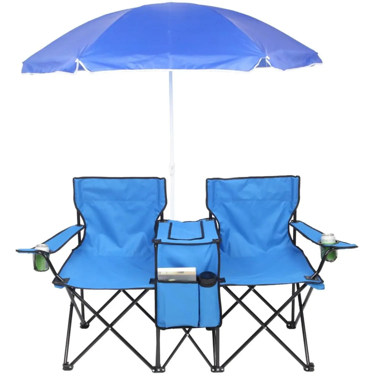 Summervibes Double Camp Chair with Umbrella, Cooler Table & Carrying Bag – Blue