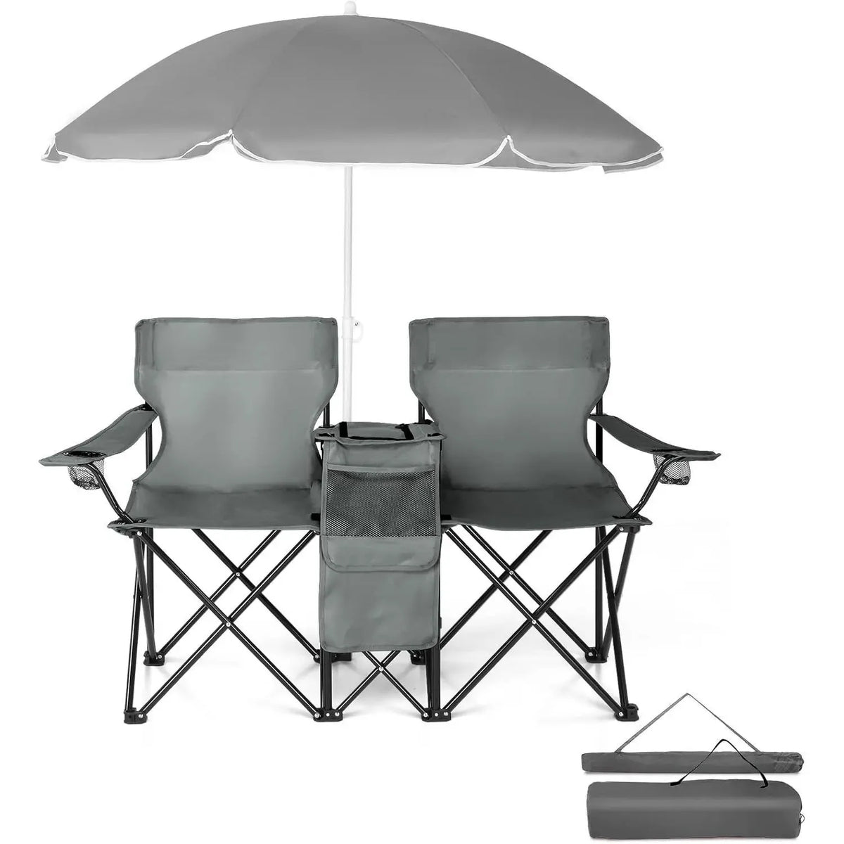 Summervibes Double Camp Chair with Umbrella, Cooler Table & Carrying Bag – Blue