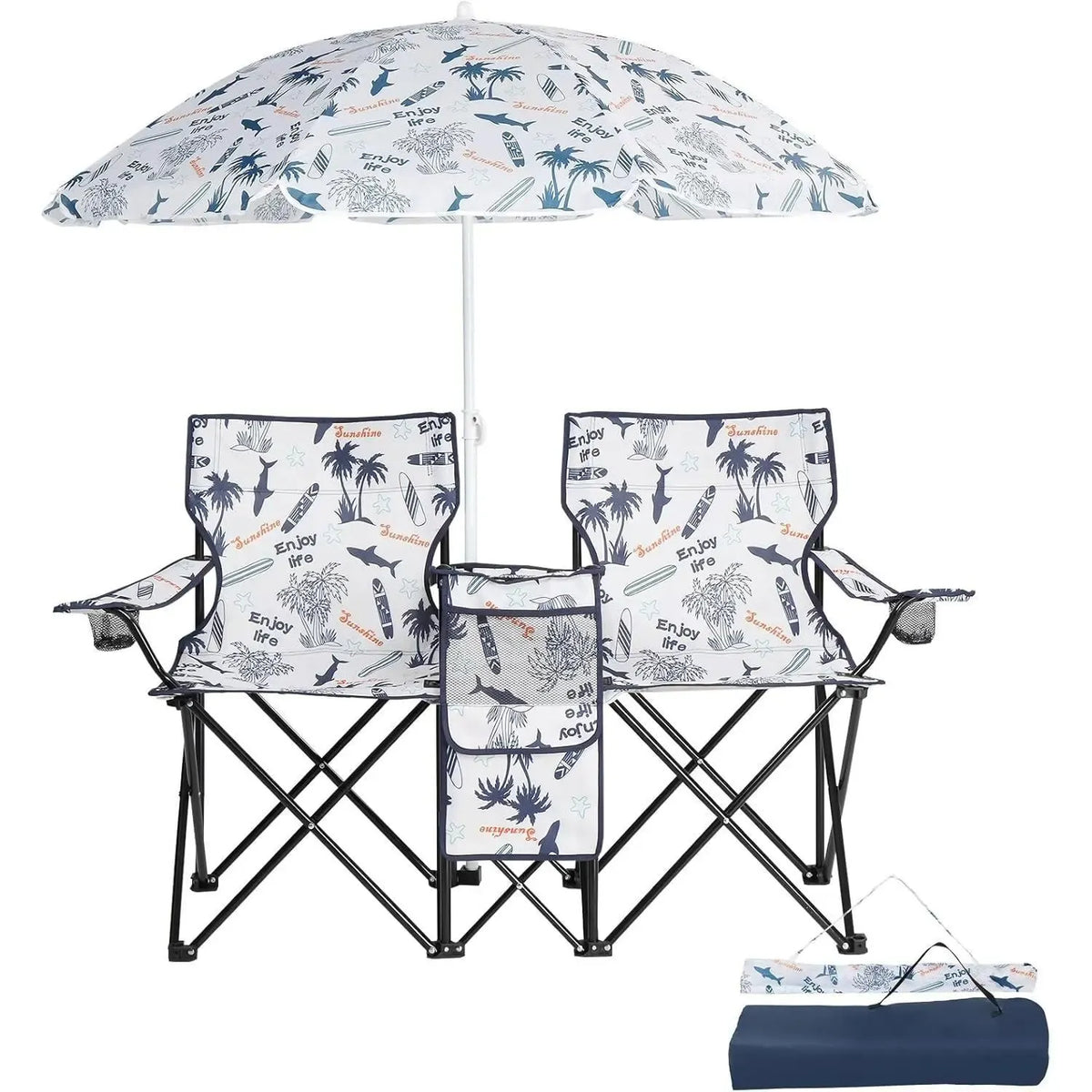 Summervibes Double Camp Chair with Umbrella, Cooler Table & Carrying Bag – Blue