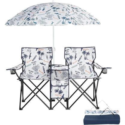 Summervibes Double Camp Chair with Umbrella, Cooler Table & Carrying Bag – Blue