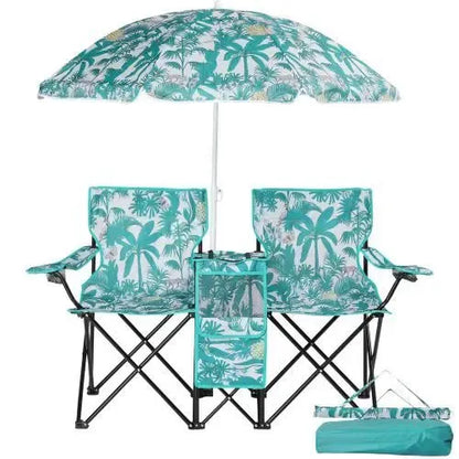 Summervibes Double Camp Chair with Umbrella, Cooler Table & Carrying Bag – Blue